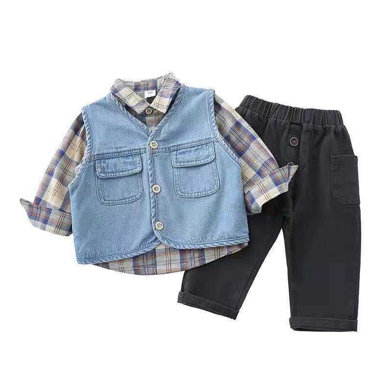 Boys' Autumn suit spring and autumn 2021 new children's cowboy vest infant handsome three piece set baby foreign style