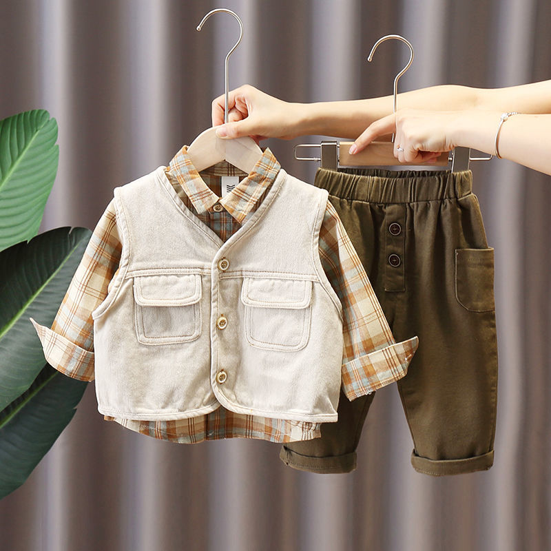 Boys' Autumn suit spring and autumn 2021 new children's cowboy vest infant handsome three piece set baby foreign style