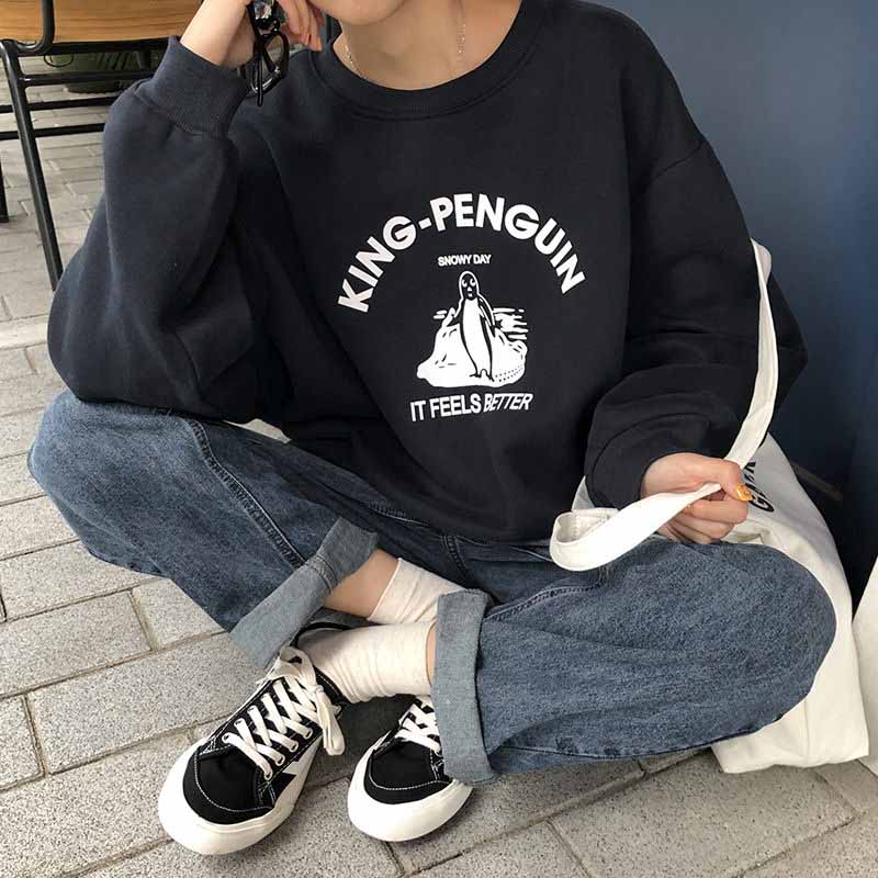 2021 autumn and winter tide Korean student round neck long sleeve cartoon printed Harajuku style sweater women's loose BF top thin