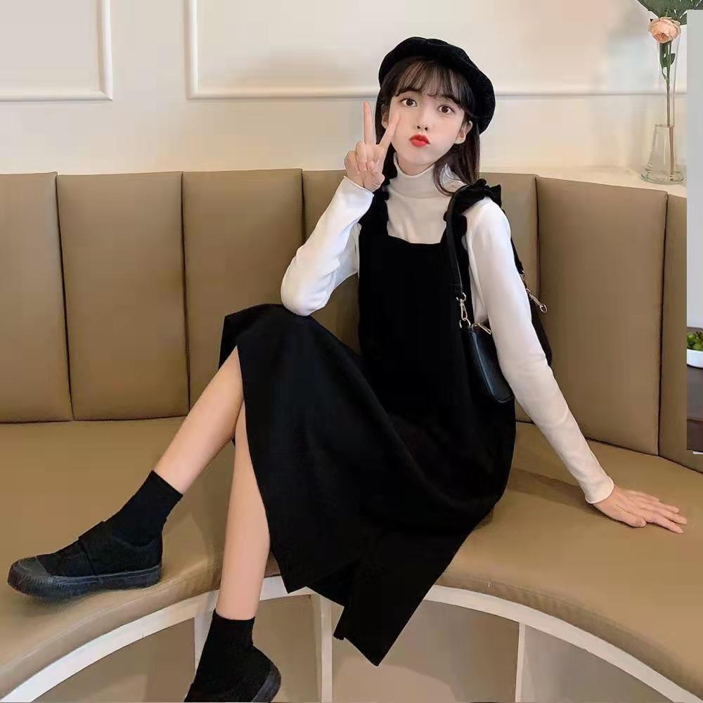 One piece / set autumn and winter bottoming shirt + medium and long suspender dress female student Korean loose two-piece set【