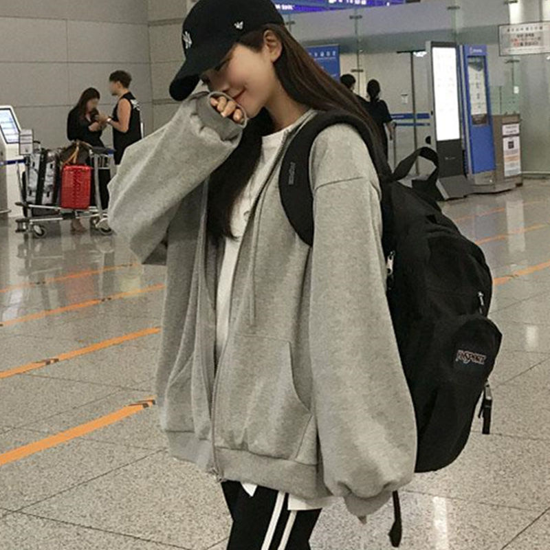 Sweater hooded autumn winter Plush thickened chic zipper jacket Korean loose Student Sports Top