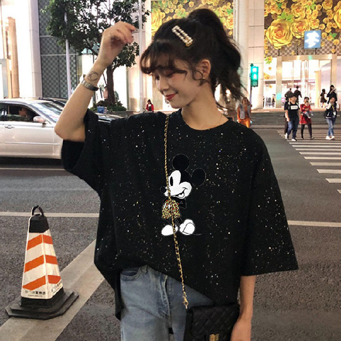 Mickey Mouse medium long short sleeve t-shirt female fat mm loose thin glittering sequins