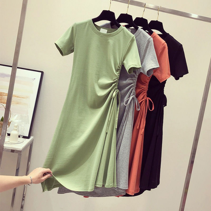 Avocado Green Dress summer new ins waist slim drawstring foreign style Korean student T-shirt skirt children