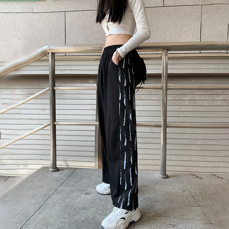 Printed loose casual straight pants with high waist and thin BF wide legs