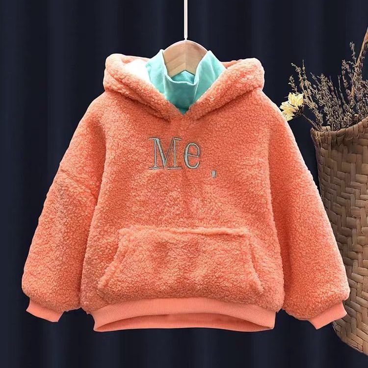 Girls' Plush fake two-piece sweater 2021 autumn and winter foreign style new baby warm Korean hooded thickened top