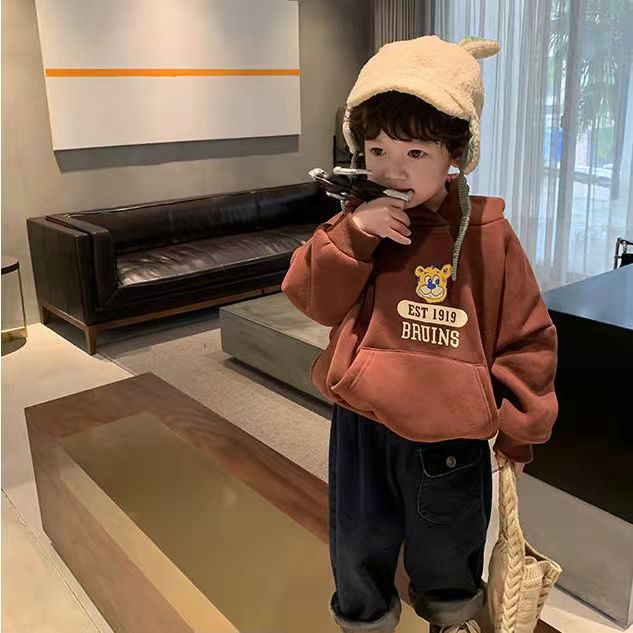 Boys' sweater Plush 2021 new Hooded Sweater foreign style baby winter thickened top children's autumn and winter Korean version