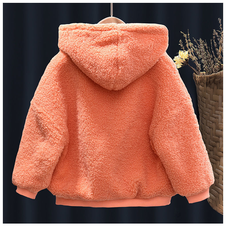 Girls' Plush fake two-piece sweater 2021 autumn and winter foreign style new baby warm Korean hooded thickened top