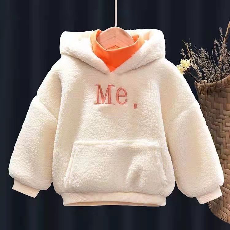 Girls' Plush fake two-piece sweater 2021 autumn and winter foreign style new baby warm Korean hooded thickened top