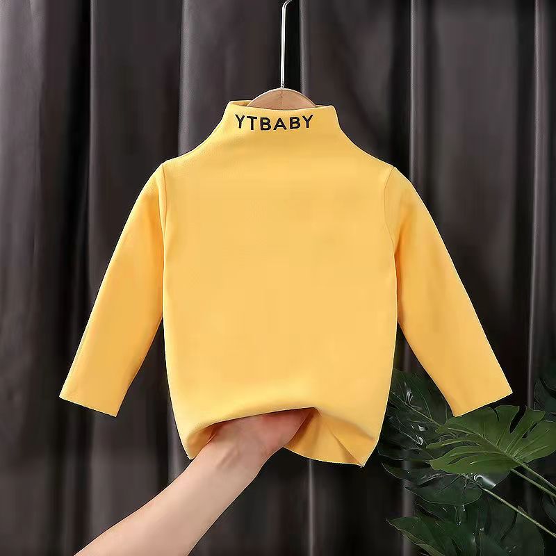 Children's de velvet warm top half high neck hot autumn and winter clothes men's and women's middle and small children's long sleeved T-shirt with plush bottom