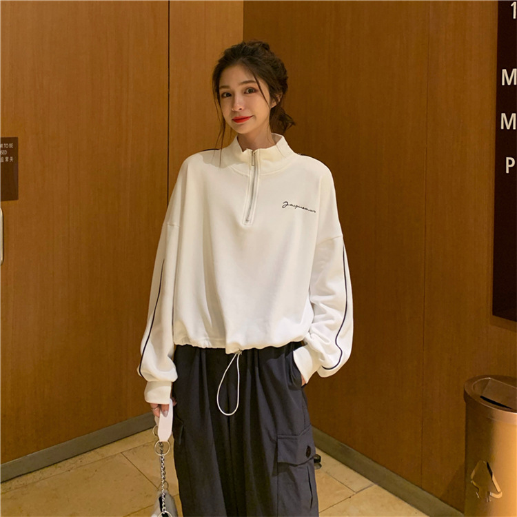 Stand collar thin sweater women's coat loose Korean drawstring semi zipper short top women's fashion