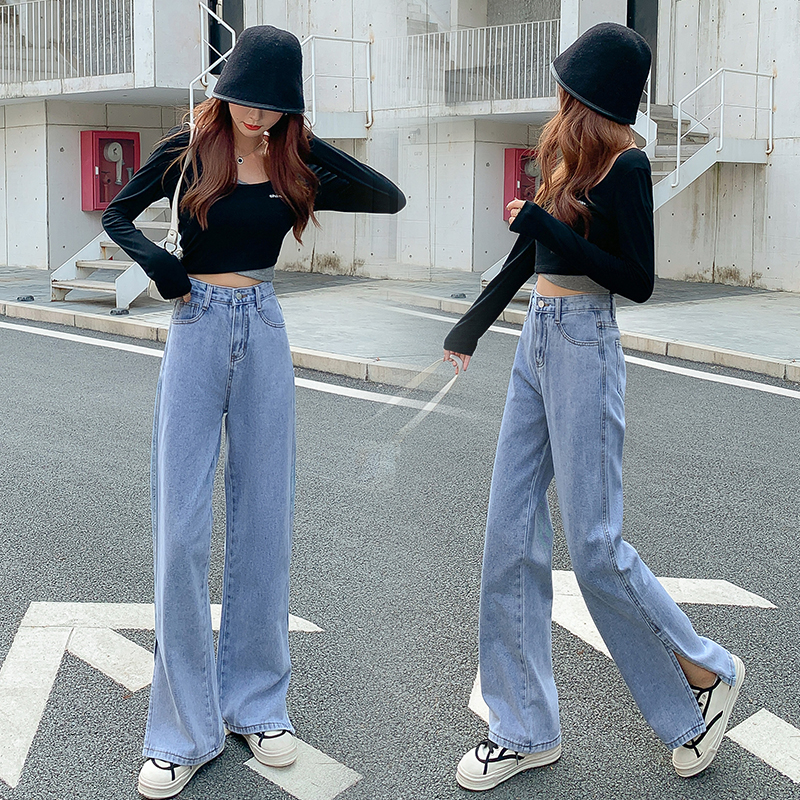 Real shooting split and mopping jeans for women loose and versatile, thin and wide legs, high waist and versatile commuter dad pants