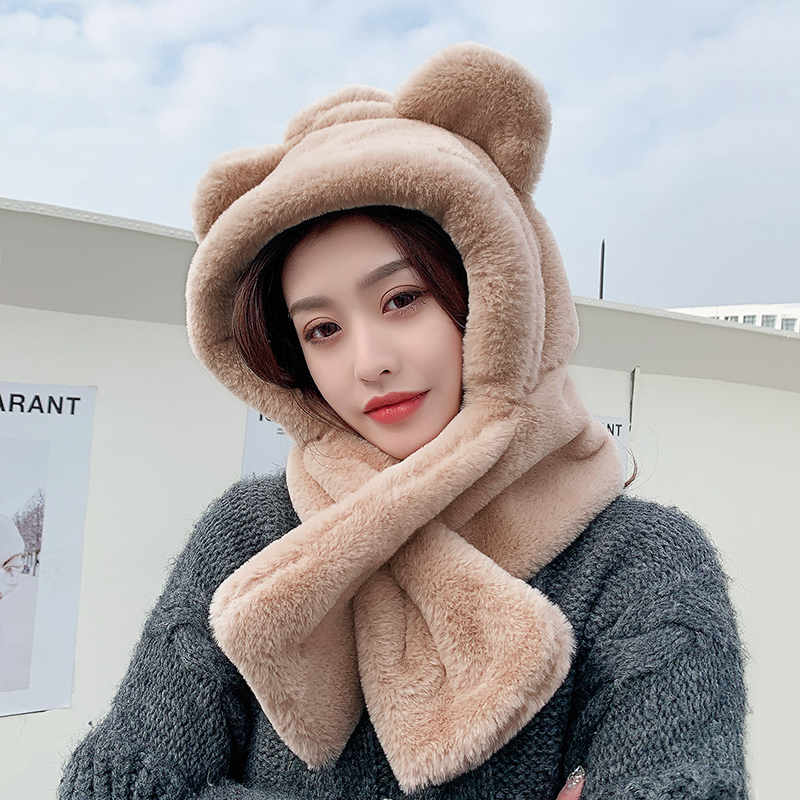 [official picture special price] Plush Bear Hat Scarf integrated female cute thickened warm autumn and winter Bib