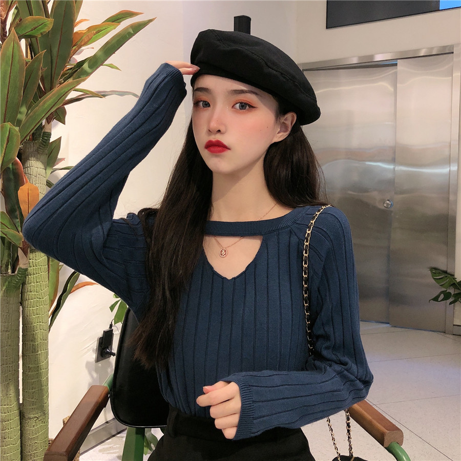 Gentle Japanese thickened short sweater with skirt foreign style autumn and winter sweater female V Neck Long Sleeve bottomed top