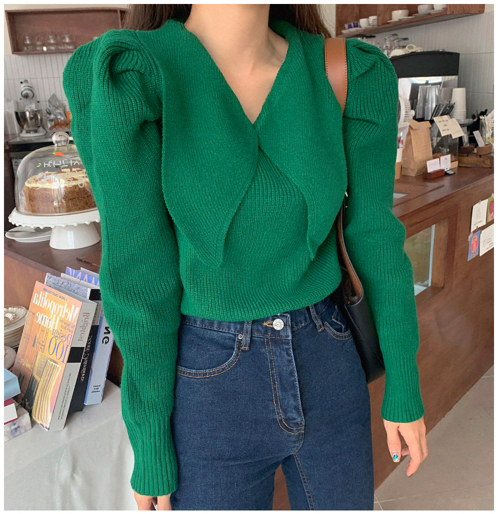 Large lapel bubble sleeve design feeling slim long sleeve knitted top foreign style with bottom sweater for women in autumn and winter