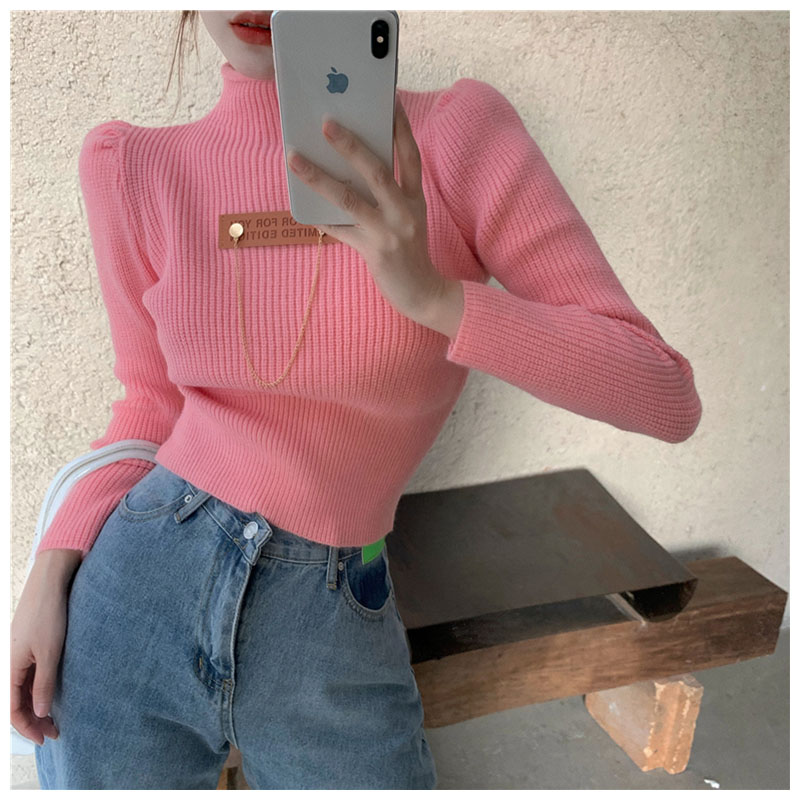 Long sleeved pink sweater women's autumn new fashion half high collar bottomed Shirt Short sweater outside in autumn and winter