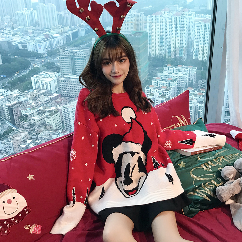 Red sweater female autumn and winter thickened loose outer wear Christmas net red Mickey new sweater loose Pullover