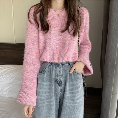 Soft waxy sweater for women to wear outside in autumn and winter loose 2021 new design sense split fork Pullover thickened long sleeve Knitted Top