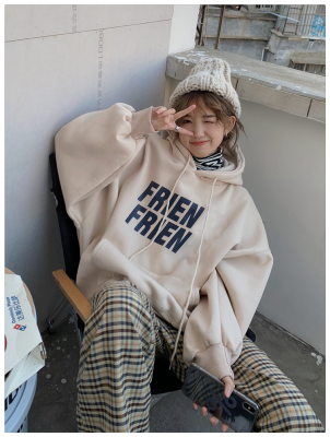Plush hooded sweater women's autumn and winter new thickened letter print BF style loose coat top