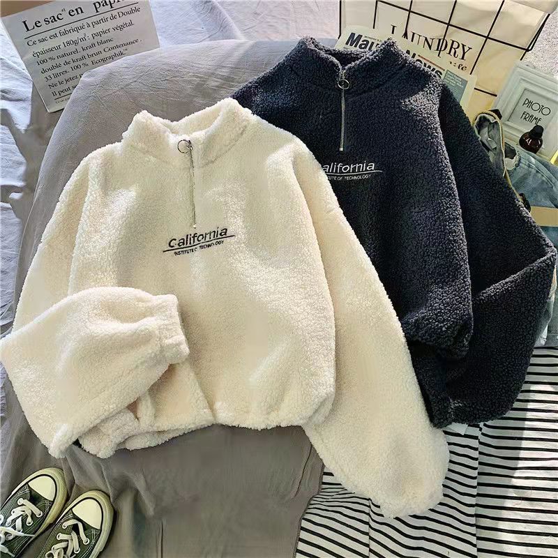 Boys and girls' 2021 autumn and winter new plush thickened cashmere sweater loose Korean thickened short coat trend