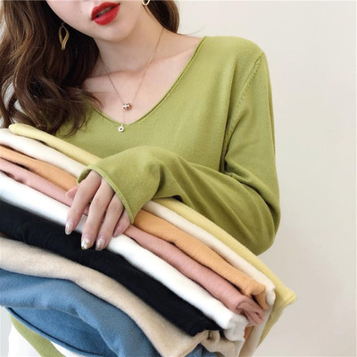 Lazy wind Avocado Green V-Neck Sweater women's spring and autumn loose Pullover Sweater versatile bottomed sweater