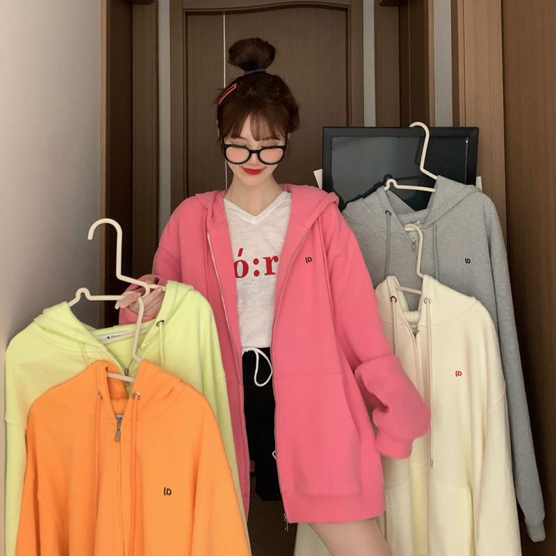Hooded sweater women's loose Korean version early autumn new Hong Kong style solid color versatile cardigan jacket Long Sleeve Jacket thin spring