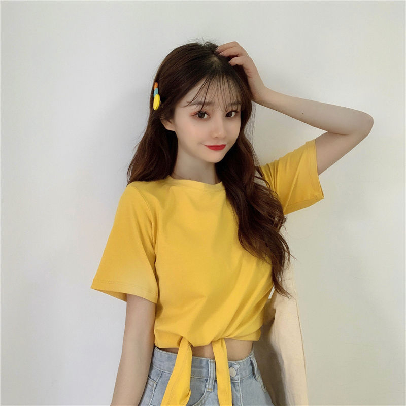 Summer new Korean fashion high waist short style elegant short sleeve solid color careful machine design t-shirt women