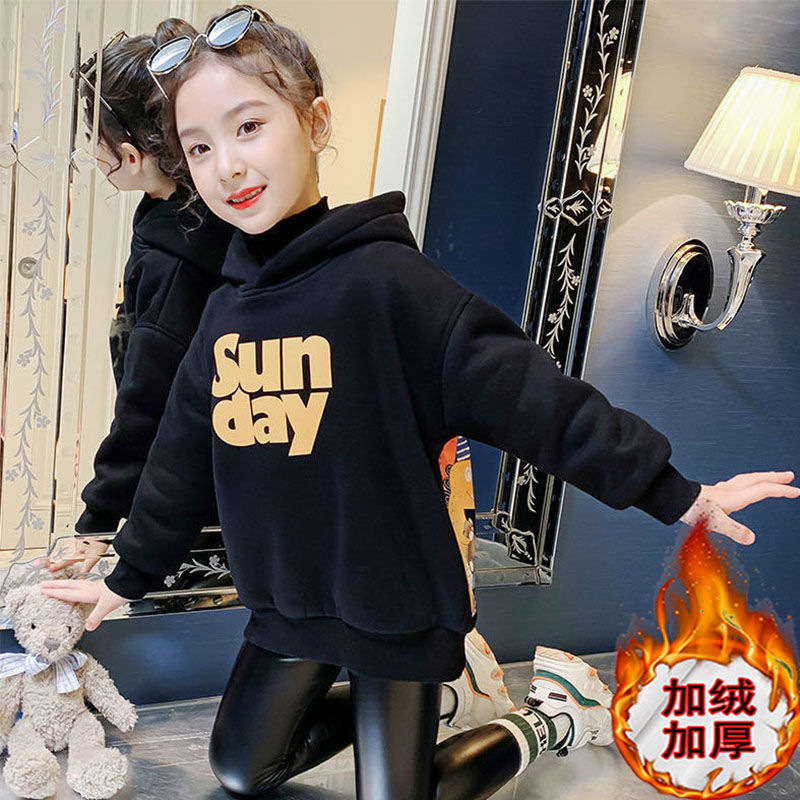 Girls' sweater Plush thickened winter clothes 2021 new foreign style girls' hooded cartoon clothes winter children's top