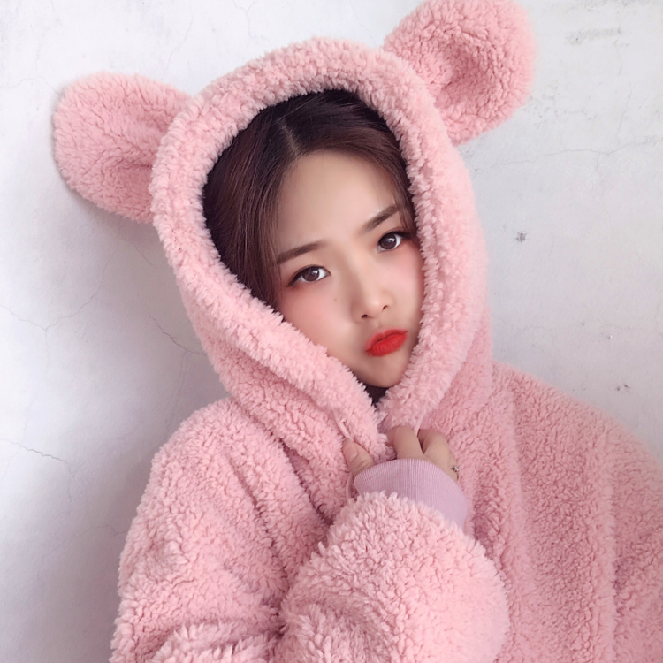 Lamb wool sweater women's Pullover Hooded 2020 winter new thickened Plush sweet and lovely bear ear coat