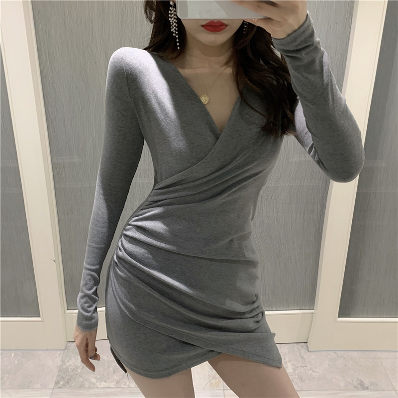Slim irregular dress women's new waist closing temperament skirt 2020 autumn V-neck slim sexy Hip Wrap Skirt