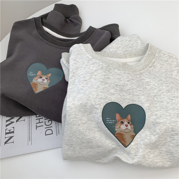 Cat printed round neck sweater women's dark gray Pullover loose long sleeve coat