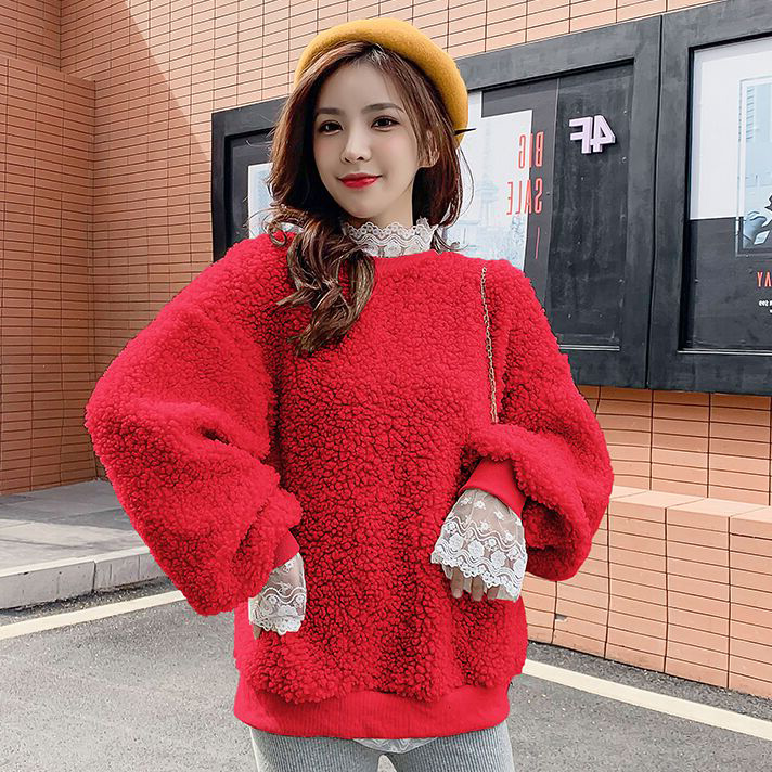 2021 autumn and winter new Korean fashion lamb wool loose hooded long sleeve Pullover Sweater Top fashionable female students