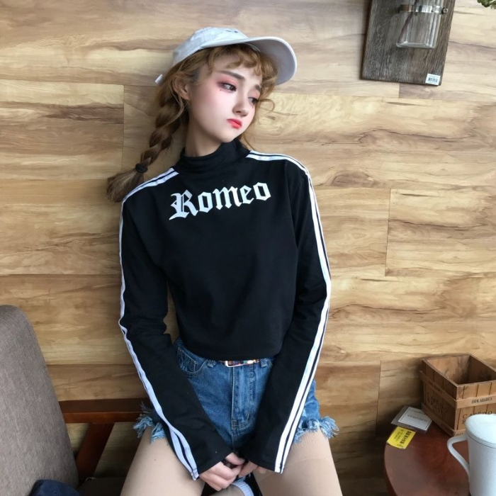 Black t-shirt female 2021 autumn new Korean long sleeve bottomed shirt short open navel top letter printed T-shirt