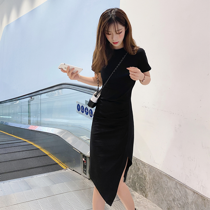 French retro irregular skirt small black skirt women's 2020 summer new sexy temperament split dress small man