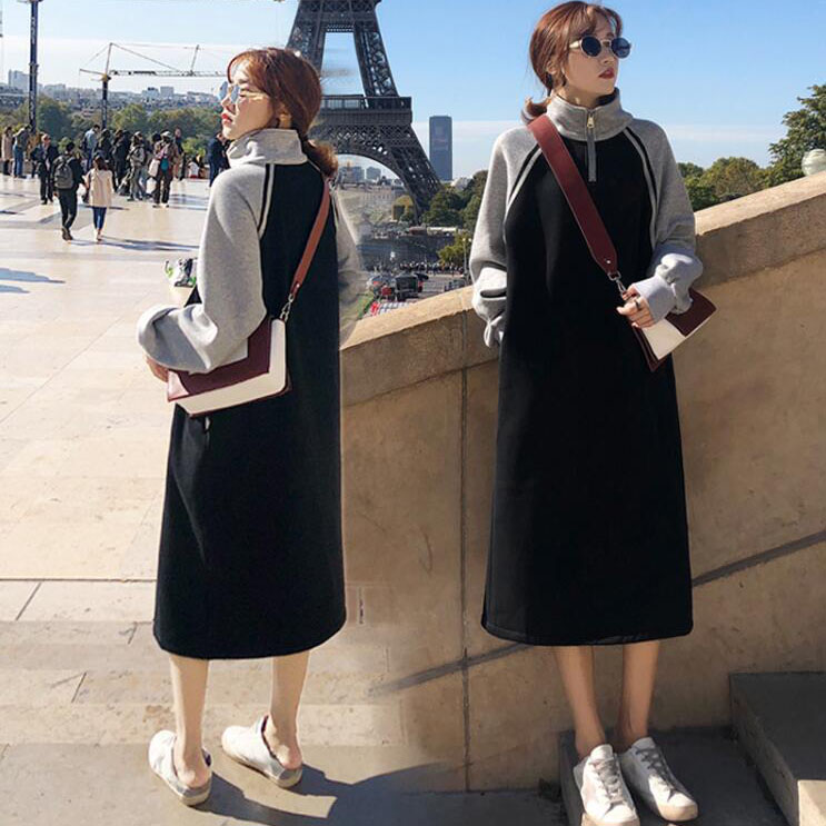 190g autumn Korean version large loose long sleeve high neck skirt women's fat mm medium length over knee dress