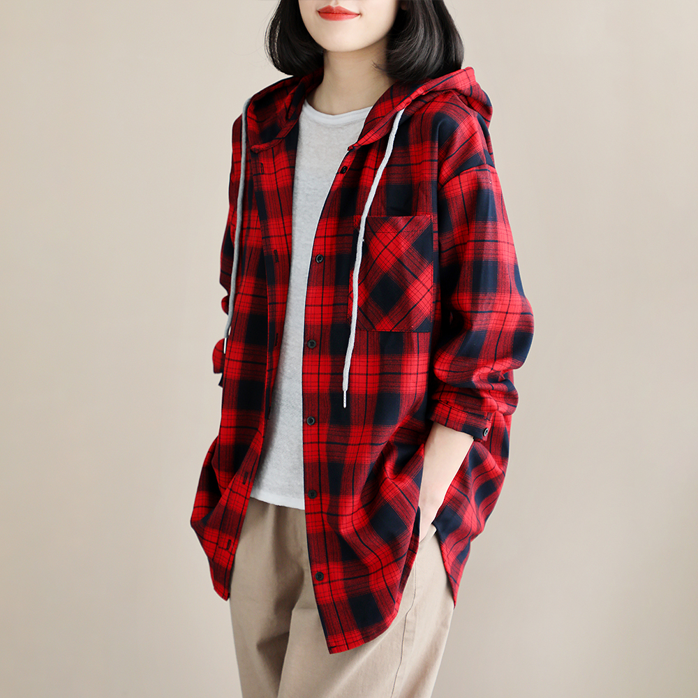 Hooded Plaid Shirt women's 2021 spring and summer literature and art leisure versatile medium and long large loose thin shirt coat