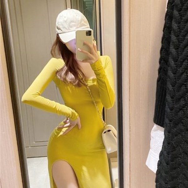 6535 cotton 2021 new long sleeve waist closing thin side split long skirt temperament fairy French light mature dress