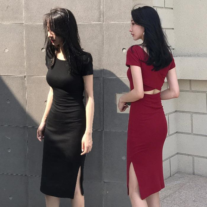 6353 side split dress women's 2020 new sexy black Hepburn fan with exposed backpack hip skirt