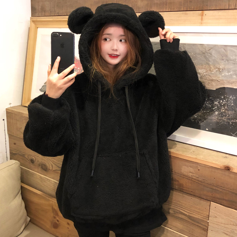 Autumn and winter 2020 new Korean version thickened imitation lamb Plush loose Pullover grey rabbit ear hooded women's sweater