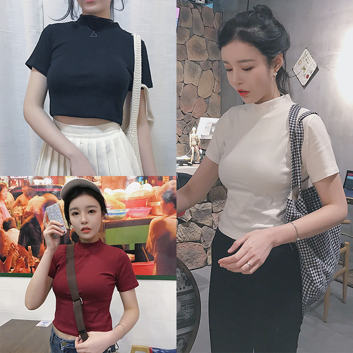 Summer new Korean style half high neck chest pure color short sleeve T-shirt women's simple and versatile short sleeve student bottomed top