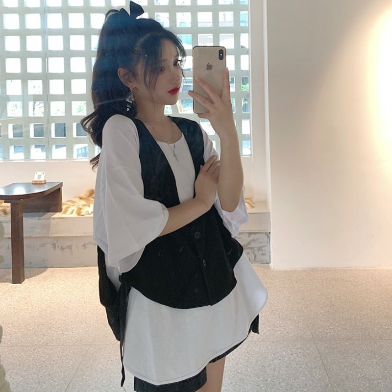Coat fish scale cloth T-shirt 3565 cotton fat sister mm foreign style aging thin fashion T-shirt vest two-piece suit