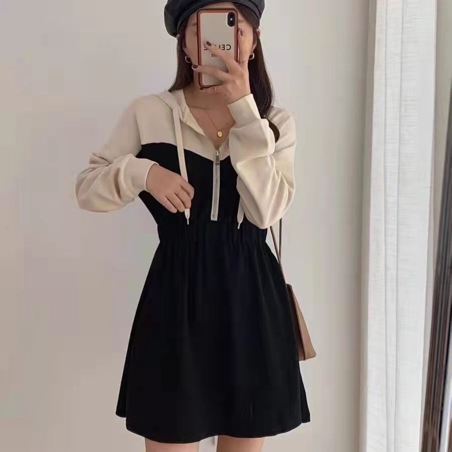 Small casual stitching Hooded Sweater Dress autumn winter 2021 French design sense of temperament bottomed A-line skirt