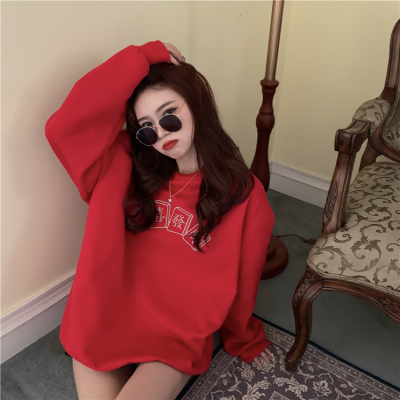 Plush thickened New Year red sweater female small student girlfriends loose long sleeve round neck Pullover Top Fashion