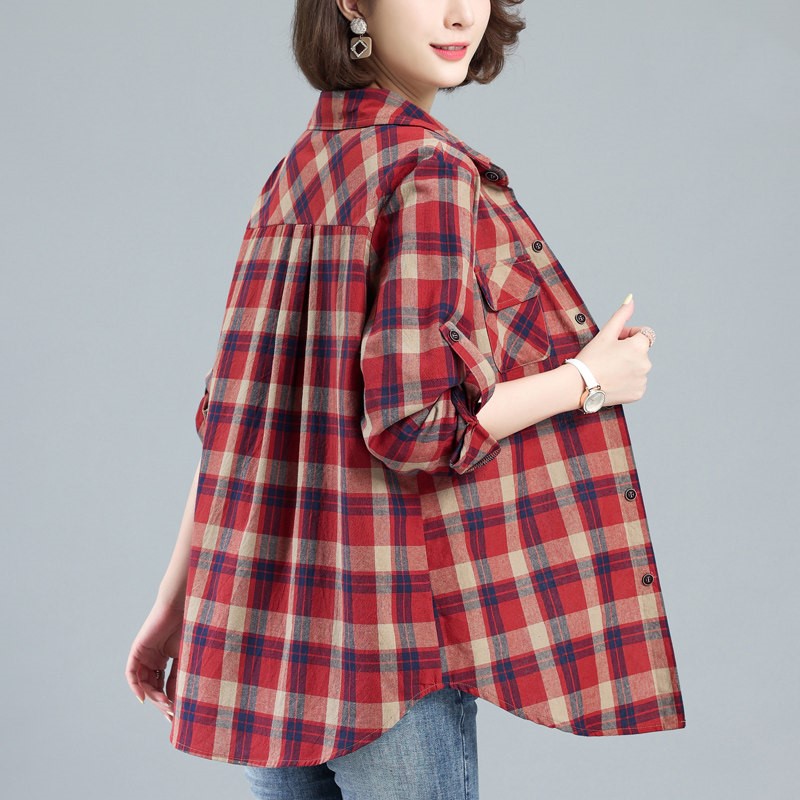 Oversized Plaid Shirt women's spring and autumn 2021 new loose cotton long sleeve shirt simple fashion top