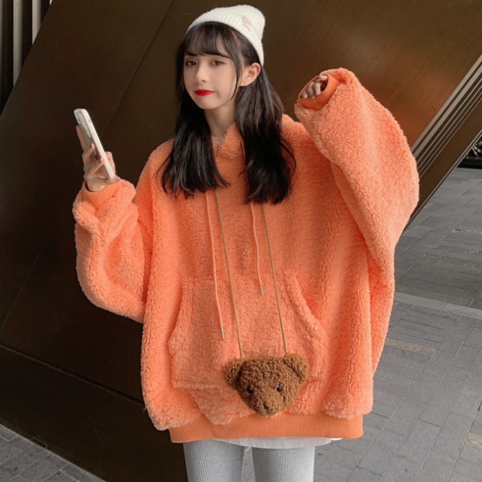 Large lamb wool hooded sweater women's autumn and winter new candy color Korean loose Plush thickened jacket