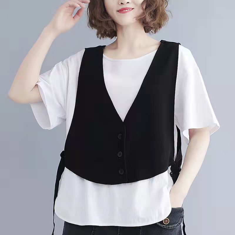 Fat mm scheming belly covering suit women's summer loose large V-neck short vest T-Shirt Top folded two-piece suit