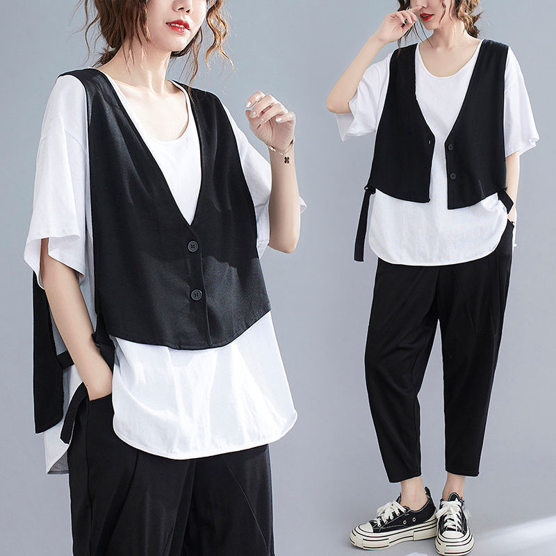 Fat mm scheming belly covering suit women's summer loose large V-neck short vest T-Shirt Top folded two-piece suit