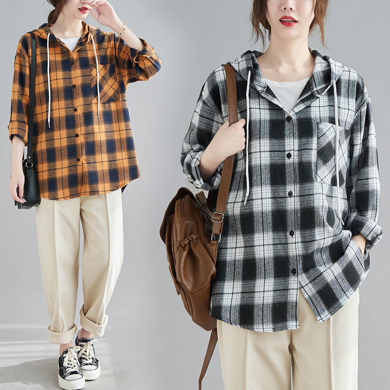 Fat and Dalian hat Plaid Shirt women's spring and summer literature and art leisure versatile medium and long loose thin shirt coat