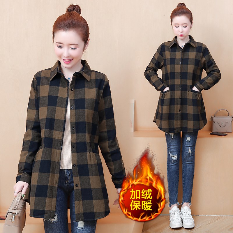 Plush thickened Plaid medium long shirt women's autumn and winter new Korean large loose shirt long sleeve coat