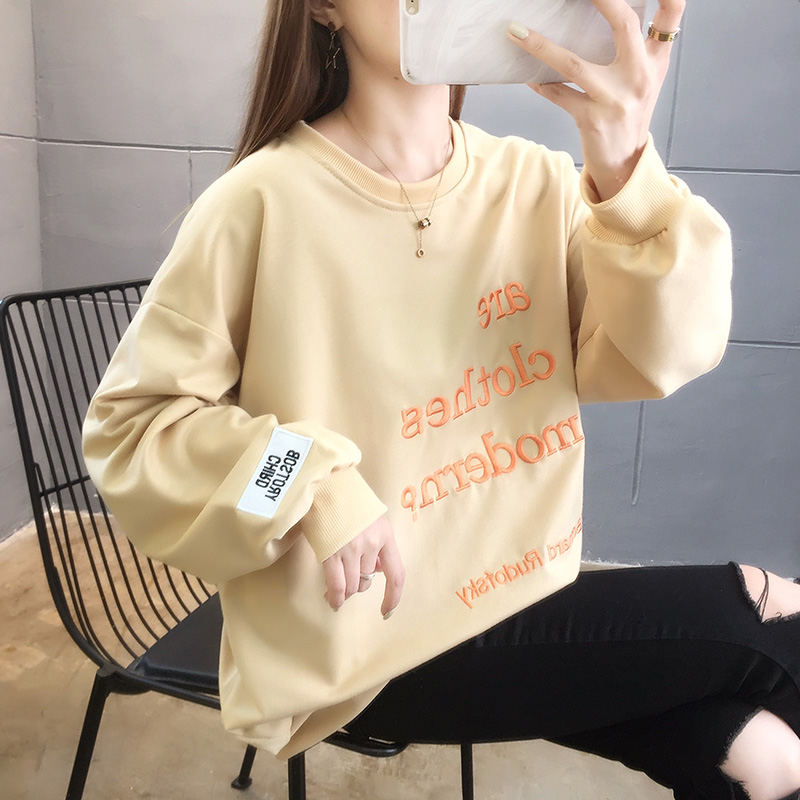 227# (real shot of 65 fish scales) embroidered letter sweater women's thin loose fat mm200kg bottomed shirt