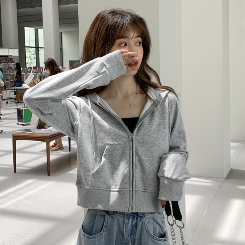 7803# zipper thin coat autumn loose Korean trendy hooded short long sleeved cardigan women's sweater